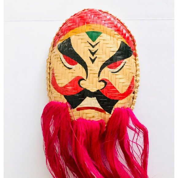 Vietnamese Theatre Character Mask Handmade Woven Folk Art Colorful Pink Beard - Picture 2 of 6